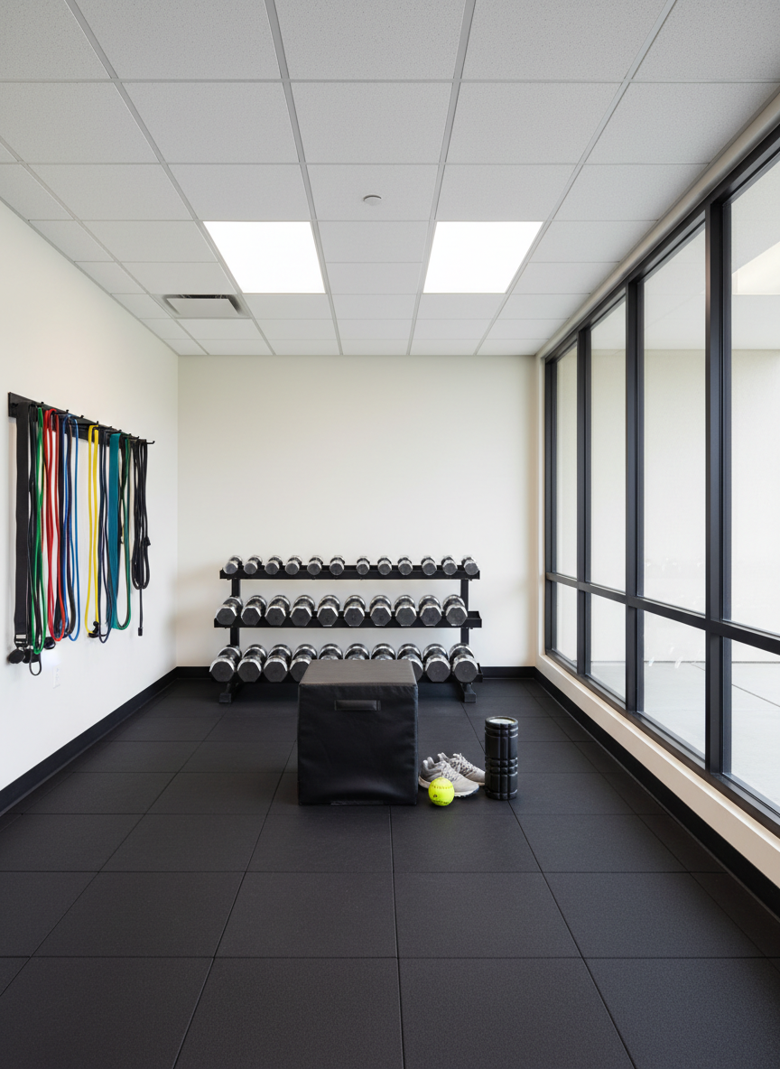 An organized strength and conditioning corner of a softball training facility, featuring a clean black rubber floor, neatly arranged hex dumbbells, color-coded resistance bands hanging on a wall rack, and a sleek plyometric box with a textured non-slip surface. A softball and a pair of turf training shoes rest beside a foam roller, suggesting a comprehensive workout. Large windows along one wall allow diffused daylight to brighten the space, while overhead lights fill in soft shadows. Captured at eye level with a balanced, wide-angle composition, the scene feels modern, structured, and highly professional, showcasing the physical preparation side of softball in crisp photographic realism.