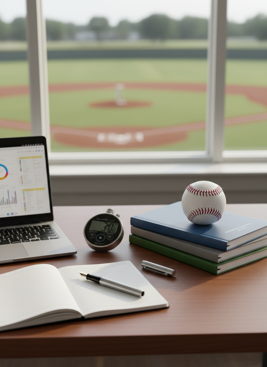 A neatly arranged mental training station on a sturdy wooden desk in a quiet office overlooking a distant softball field through a large window. On the desk sit an open notebook filled with clean, lined pages, a high-quality pen, a digital stopwatch, and a single softball placed atop a stack of performance journals. A laptop screen shows a blurred sports analytics interface. Soft, indirect natural light from the window creates a calm, even illumination, with gentle shadows adding depth. Photographed from a slightly elevated angle with a clean, minimalist composition and shallow depth of field, the image conveys focus, reflection, and mindset training in a professional photographic style.