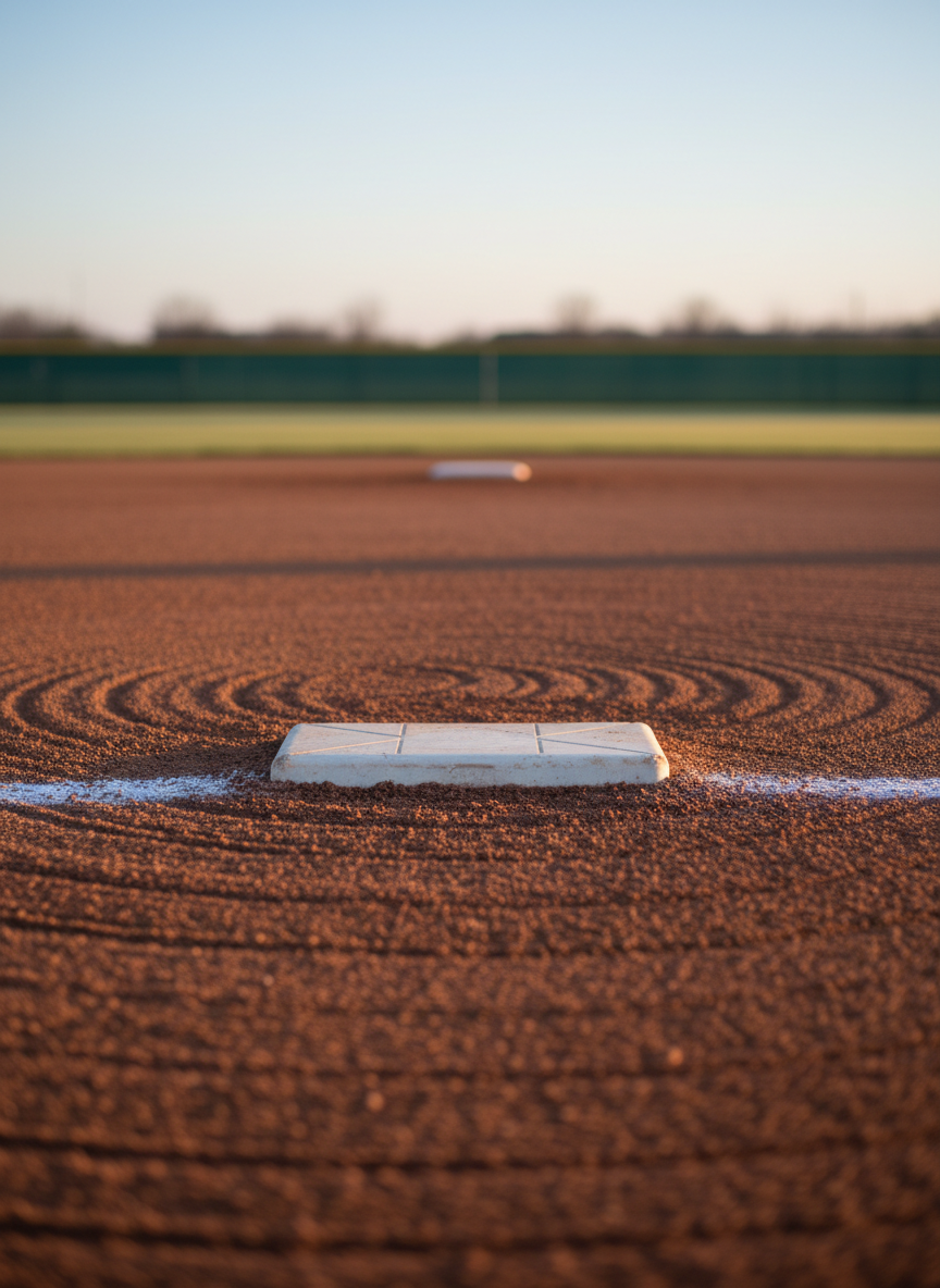 A regulation softball pitcher’s rubber on a groomed dirt mound, its rectangular white surface clean but slightly worn at the edges, surrounded by meticulously raked clay with visible drag marks forming gentle arcs. Chalked power lines are lightly visible on either side, leading toward a softly blurred home plate area and distant outfield fence. Early morning natural light spills across the field, casting long, soft shadows that emphasize the mound’s slight elevation. Shot from a low-angle perspective behind the rubber, with a strong sense of depth and a calm, focused mood, the photographic realism style emphasizes preparation, mechanics, and disciplined training.