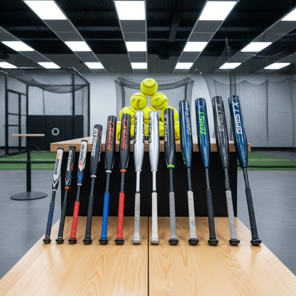 A perfectly aligned row of high-quality softball bats laid out on a smooth, clean wooden bench in a modern training facility. Each bat has a distinct composite or alloy finish, with subtle metallic sheens, precise grip tape patterns, and visible model markings, arranged from youth to elite performance sizes. Behind them, neatly stacked training softballs and a distant, slightly blurred indoor batting cage create context. Overhead LED panel lights cast even, cool-white illumination, revealing every texture without harsh shadows. Captured from a slightly elevated angle using the rule of thirds, the composition feels organized, professional, and ready for structured instruction, rendered in sharp, photographic realism.